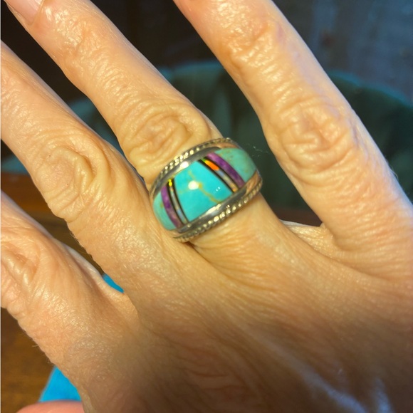 Sterling Silver Turquoise & Purple Inlay Band Ring – Size 6 - Picture 1 of 5